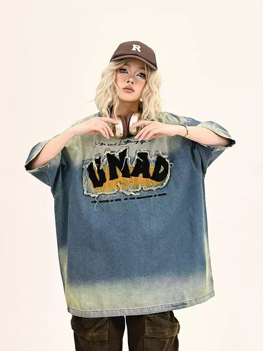 American retro washed denim short-sleeved T-shirt