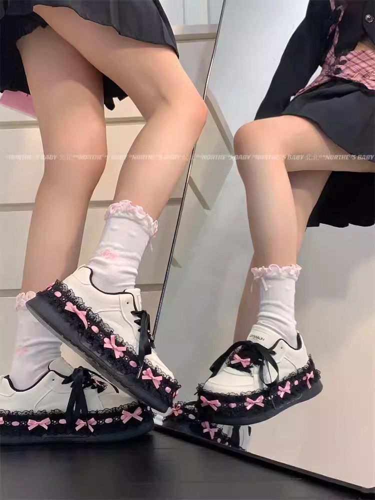 lace bow sneakers for women's autumn niche design thick-soled versatile shoes student white shoes