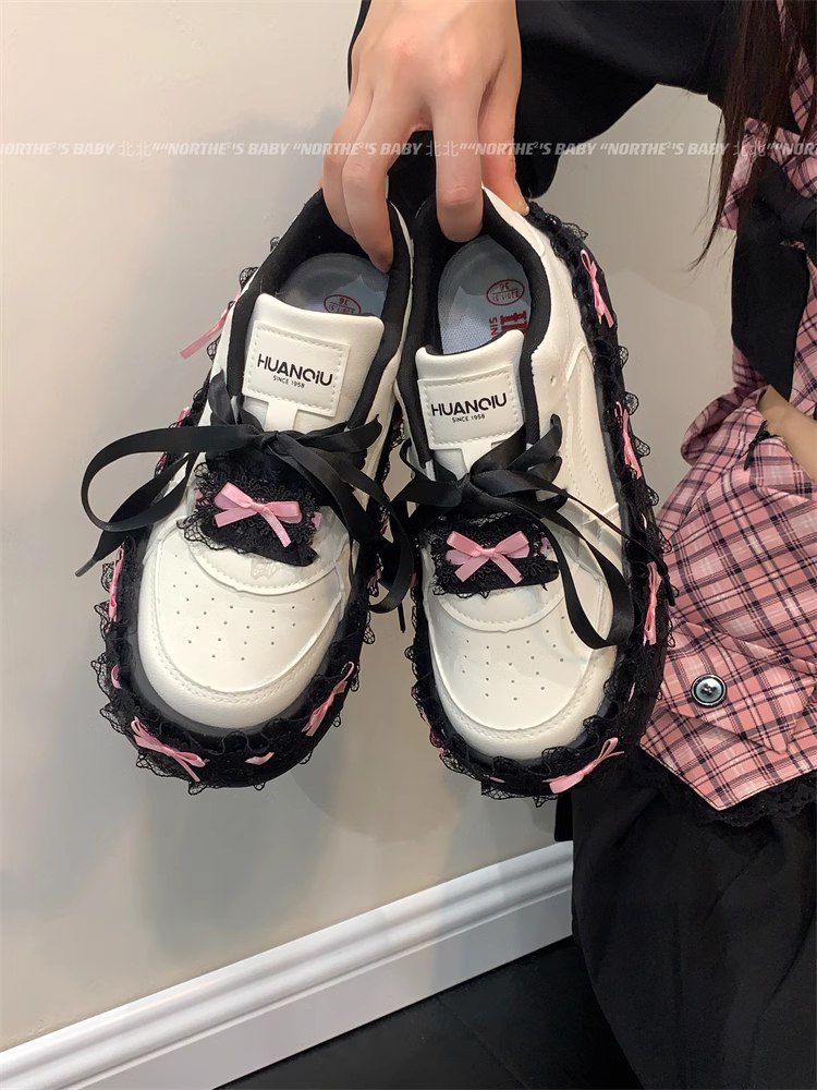 lace bow sneakers for women's autumn niche design thick-soled versatile shoes student white shoes