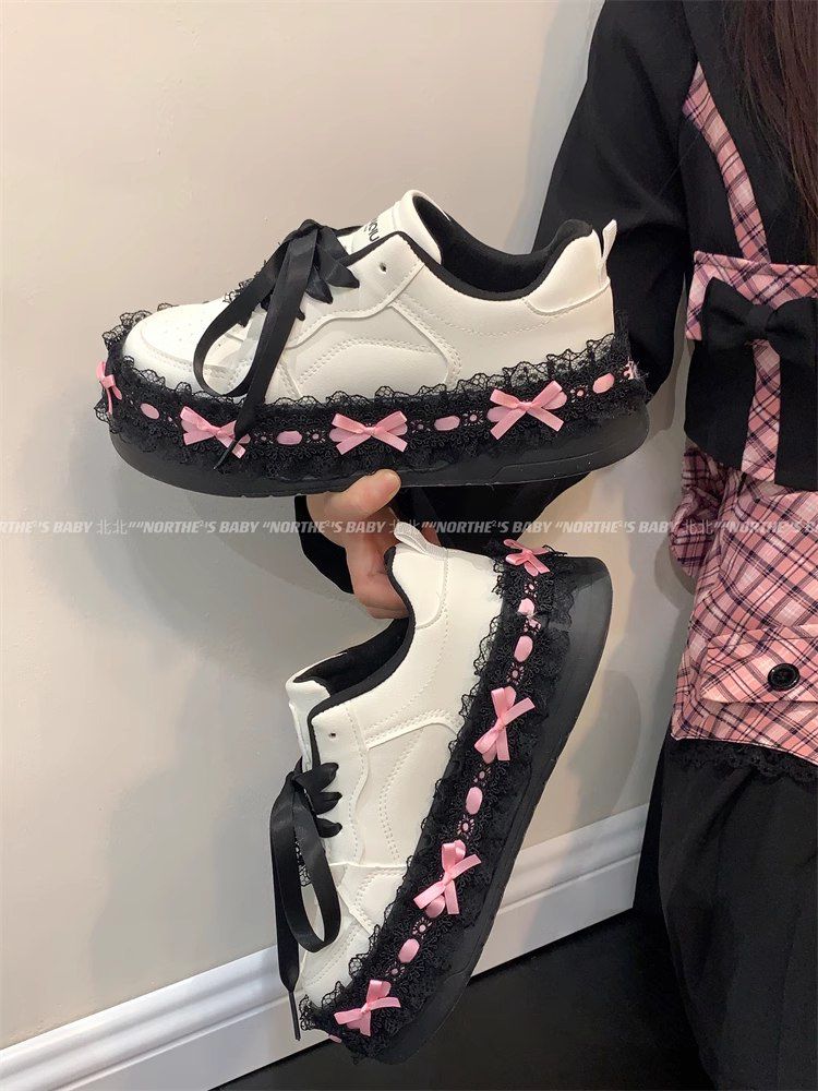 lace bow sneakers for women's autumn niche design thick-soled versatile shoes student white shoes
