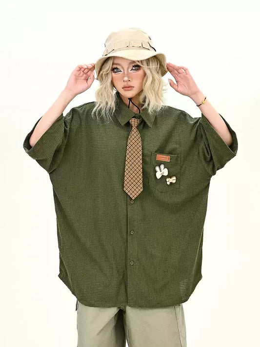 American retro cartoon embroidered short-sleeved shirt new casual tie shirt