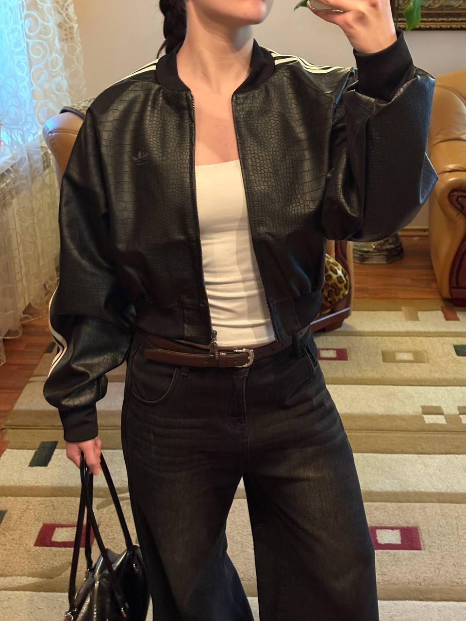 Croc Embossed Cropped Leather Jacket