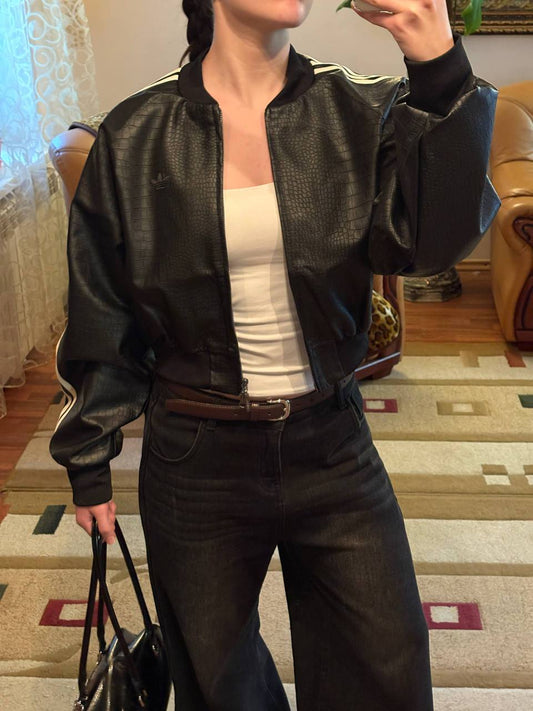 Croc Embossed Cropped Leather Jacket