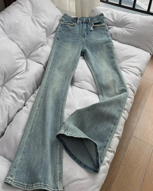 raw-edge flared jeans for women mopping the American light colored rivet horseshoe pants